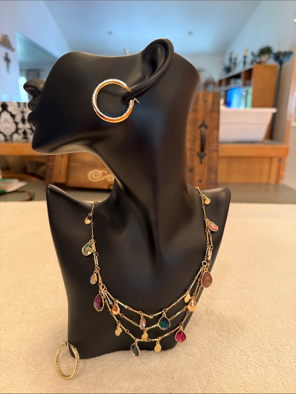 Gold Multi-Color Teardrop Necklace and Coordinating Hoop Earrings with Sparkles
